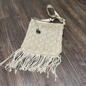 Catori Woven Fringe Shoulder Bag Beige Lined Boho Travel Beach Womens